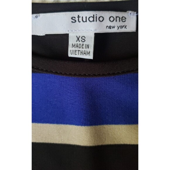 Studio One Maxi Dress Size XS Color Block Striped Blue Black Tan Stretchy - Picture 2 of 12